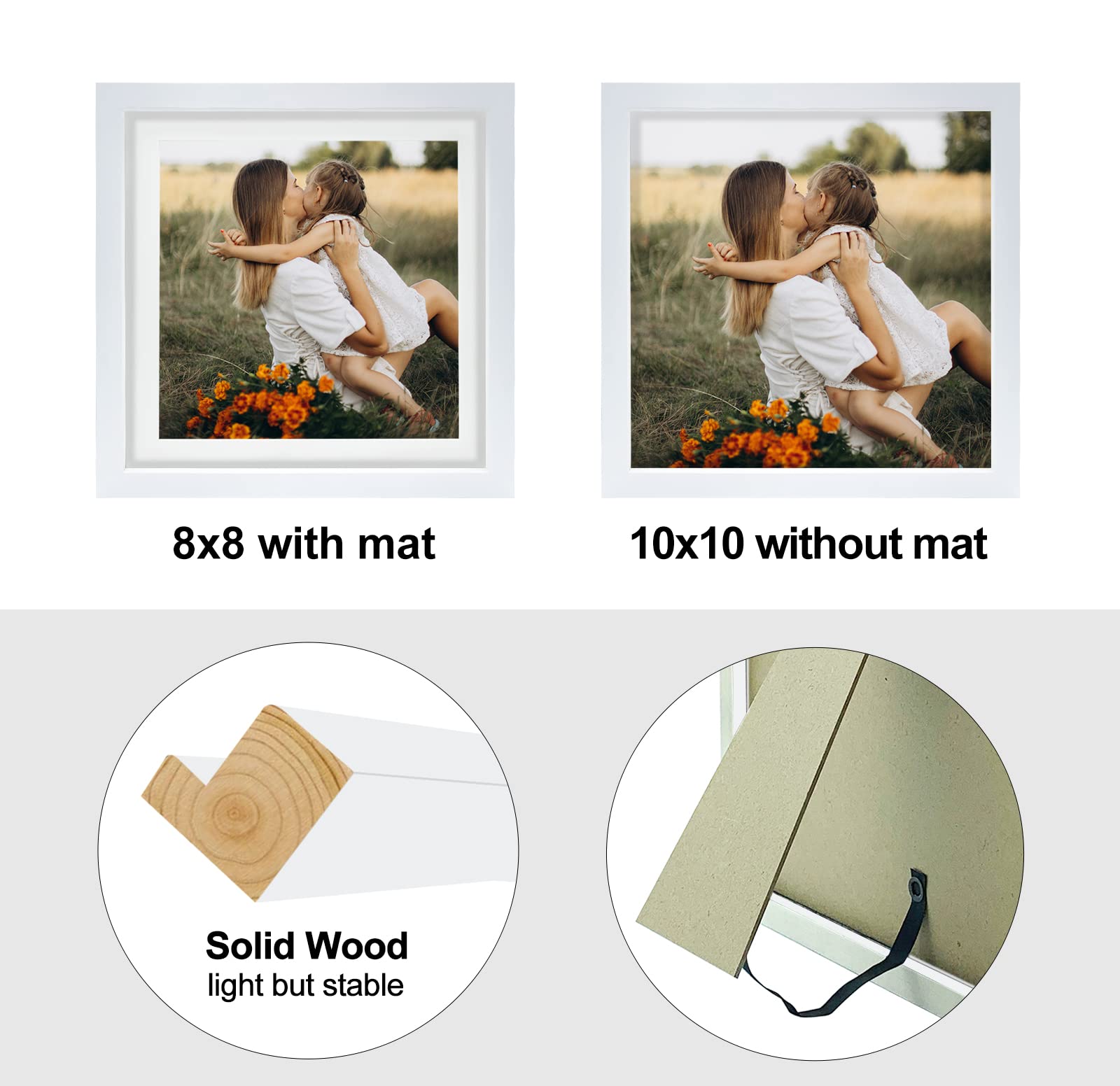 LEKAIYA 10x10 White Picture Frames Set of 2, Square Solid Wood Frame to Display 8x8 Picture with Mat or 10x10 Without Mat for Ta